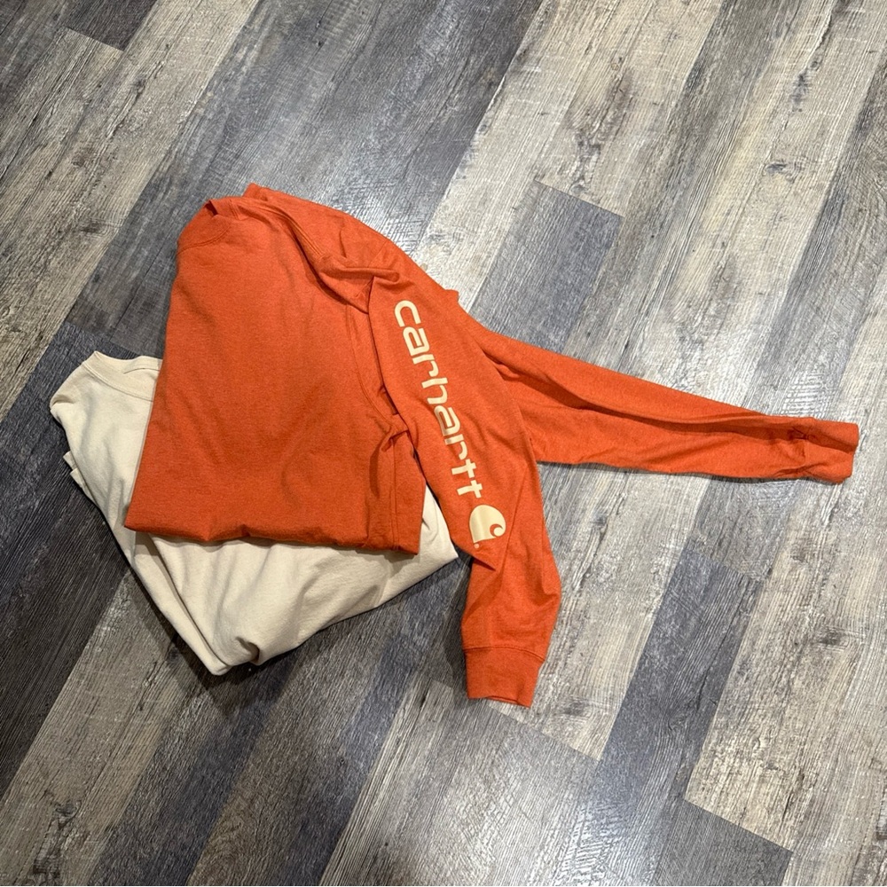 Set of 2 Carhartt Men's Burnt Orange and Cream Long Sleeve Tee Carthartt sleeve - Picture 7 of 7